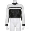 Black and white patchwork PU fabric women jacket